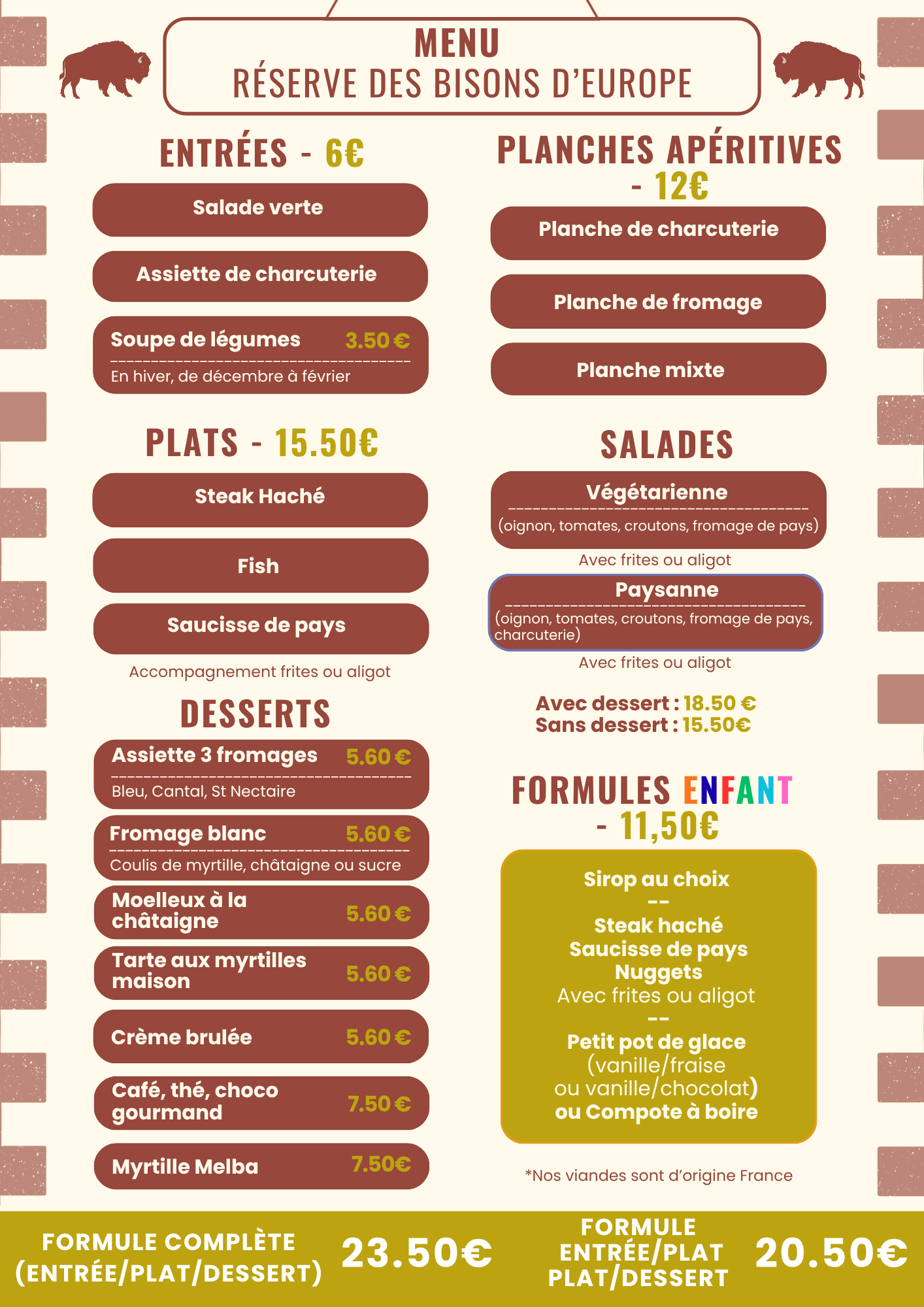 Menu au restaurant de la Réserve des Bisons d'Europe 2026